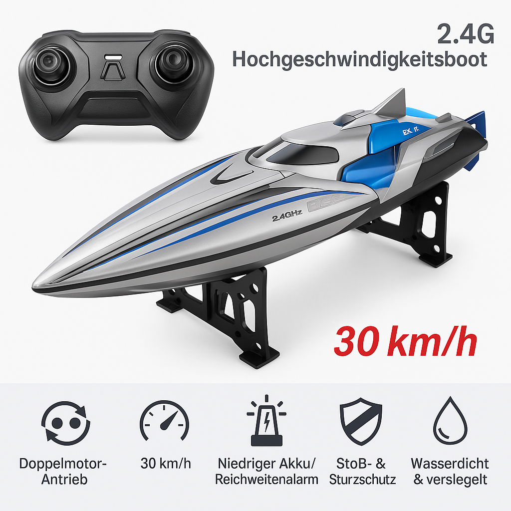 Ferngesteuertes Boot ab 8 Jahren | Hochgeschwindigkeitsboot mit 30 km/h, wasserdicht, Akku-Warnanzeige | RC Spielzeug für Kinder