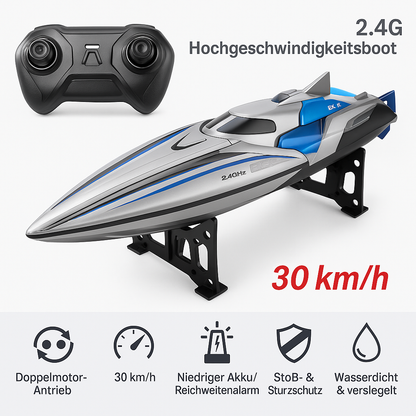 Ferngesteuertes Boot ab 8 Jahren | Hochgeschwindigkeitsboot mit 30 km/h, wasserdicht, Akku-Warnanzeige | RC Spielzeug für Kinder