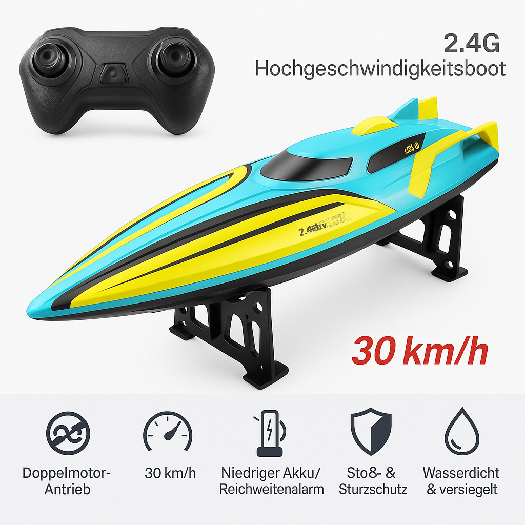 Ferngesteuertes Boot ab 8 Jahren | Hochgeschwindigkeitsboot mit 30 km/h, wasserdicht, Akku-Warnanzeige | RC Spielzeug für Kinder