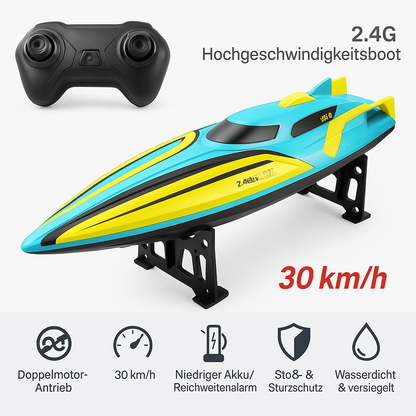 Ferngesteuertes Boot ab 8 Jahren | Hochgeschwindigkeitsboot mit 30 km/h, wasserdicht, Akku-Warnanzeige | RC Spielzeug für Kinder